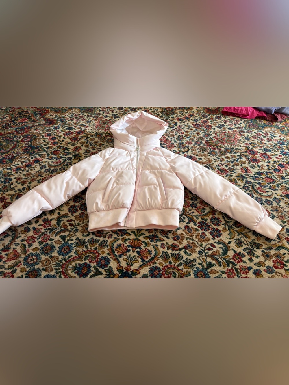 Angelia Light Pink Hooded Faux Leather Puffer Jacket Size S Worn Once